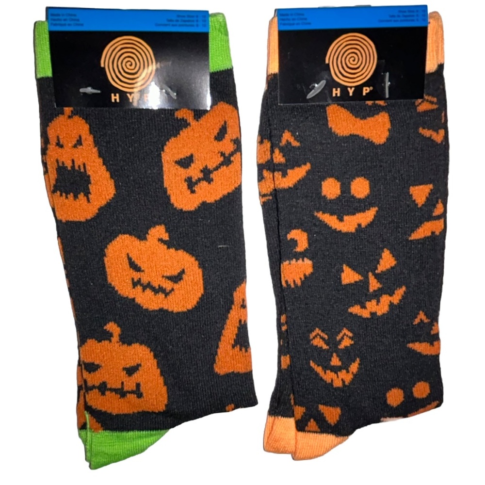Halloween Jack O'lantern HYP Crew Socks 2 Pair Men's 6-12 Black Orange w Pumpkin